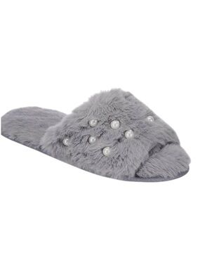 INC International Concepts Gray Pearl Faux-Fur Slippers Shoes